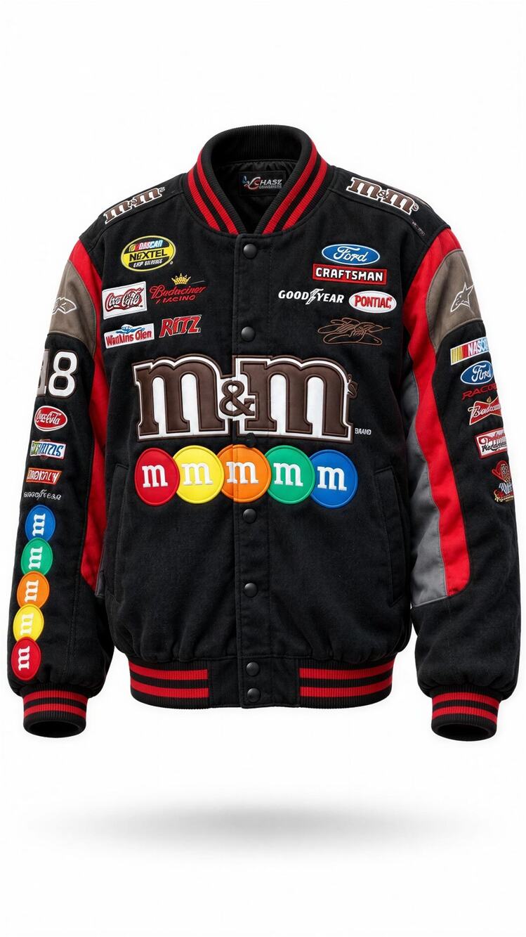 JH Design M&M's NASCAR Racing Varsity Jacket Mens Large Black Snap Front